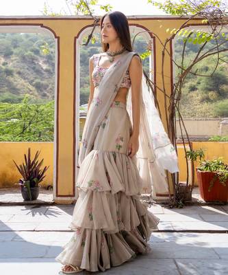 Moss green ruffle saree & blouse set 3