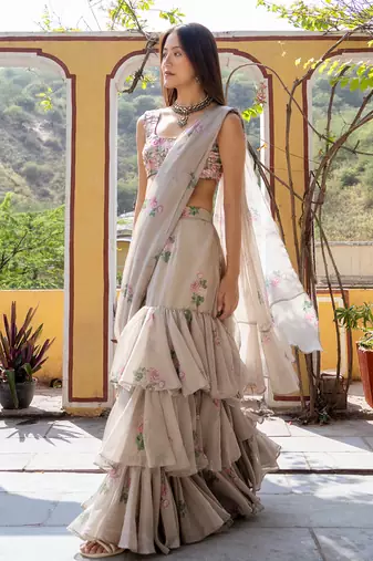 Moss green ruffle saree & blouse set