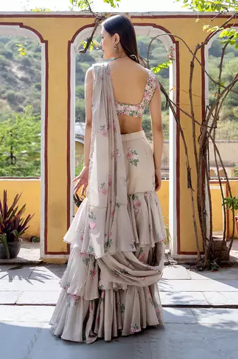 Moss green ruffle saree & blouse set