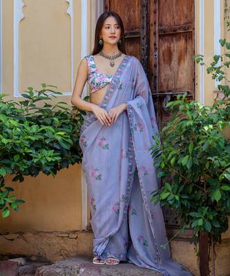 Soft blue floral & polka dot saree set 1