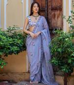 Soft blue floral & polka dot saree set