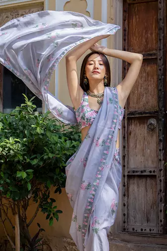 Soft blue floral & polka dot saree set