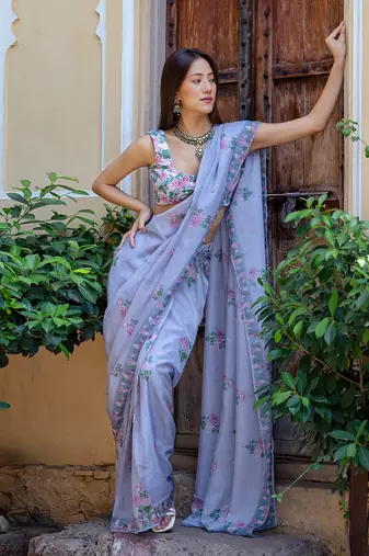 Soft blue floral & polka dot saree set