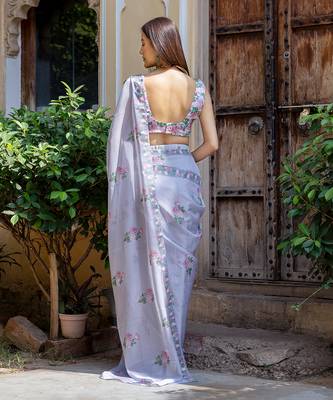 Soft blue floral & polka dot saree set 5