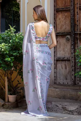 Soft blue floral & polka dot saree set