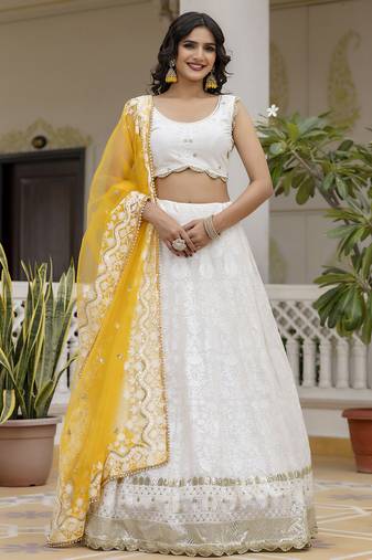 White Georgette Embroidered Lehenga Choli With Dupatta for Women