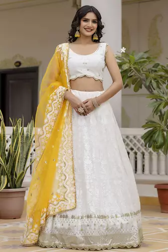 White Georgette Embroidered Semi-stitched Lehenga Choli With Dupatta for Women