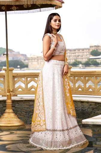 White Georgette Embroidered Semi-stitched Lehenga Choli With Dupatta for Women