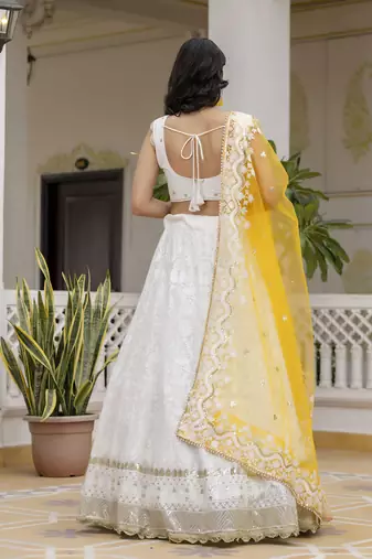 White Georgette Embroidered Semi-stitched Lehenga Choli With Dupatta for Women