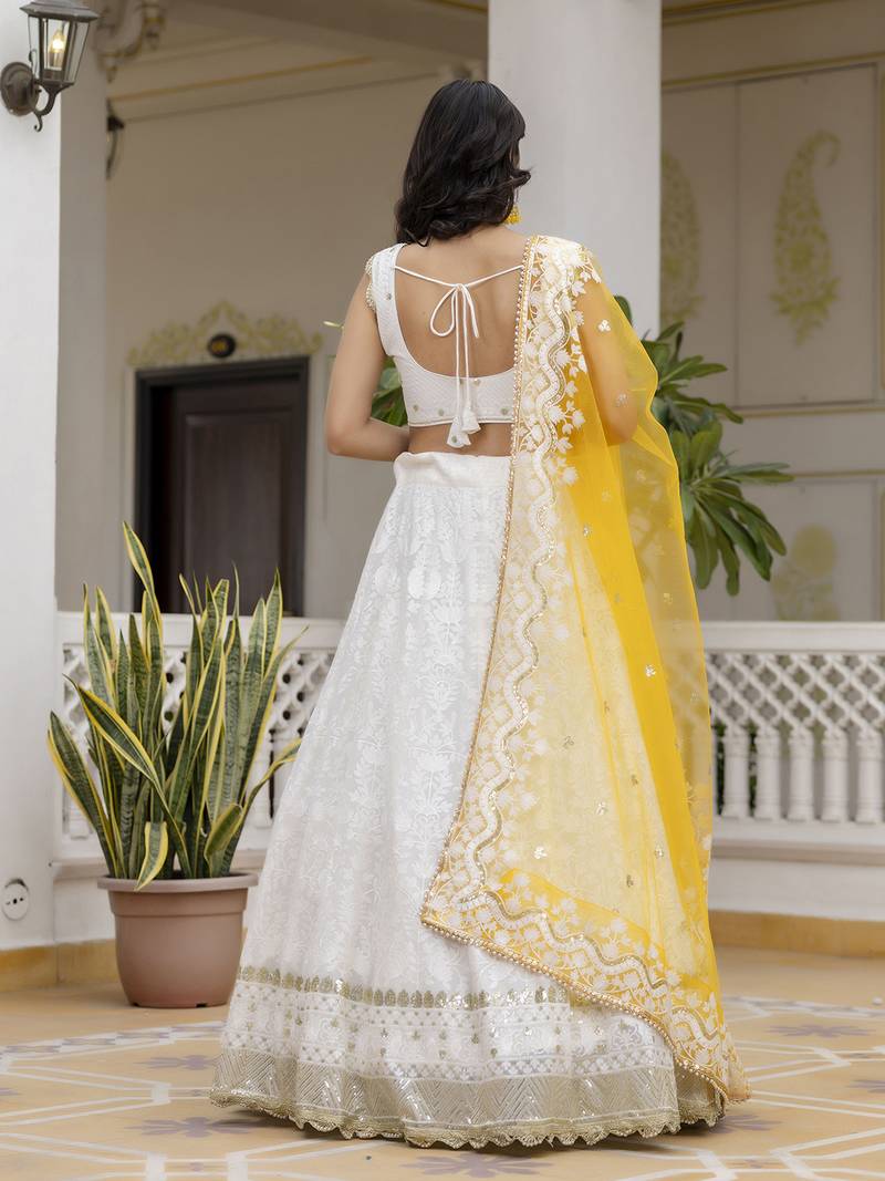 White Georgette Embroidered Semi-stitched Lehenga Choli With Dupatta for Women
