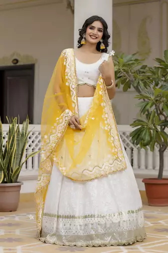 White Georgette Embroidered Semi-stitched Lehenga Choli With Dupatta for Women