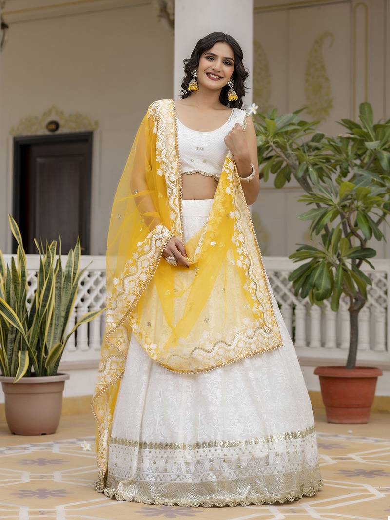 White Georgette Embroidered Semi-stitched Lehenga Choli With Dupatta for Women