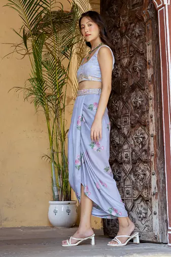 Soft blue floral & polka dot cape set