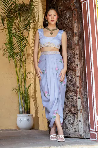 Soft blue floral & polka dot cape set