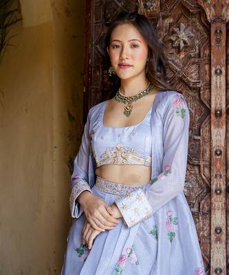 Soft blue floral & polka dot cape set 4