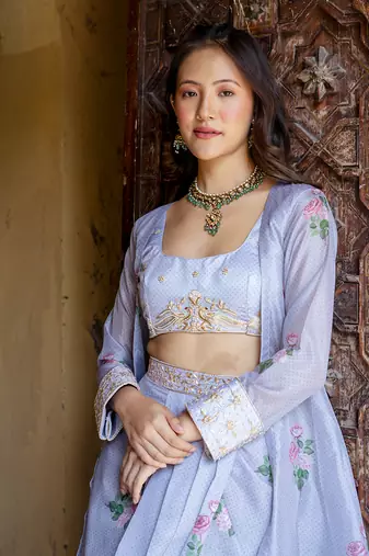 Soft blue floral & polka dot cape set