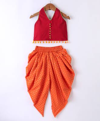 Twisha Girls Solid Knit Top Embellished With Pompom & Potali Buttons With Motif Foil Printed Dhoti-Red & Orange 1