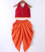 Twisha Girls Solid Knit Top Embellished With Pompom & Potali Buttons With Motif Foil Printed Dhoti-Red & Orange