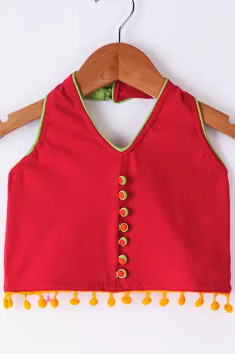 Twisha Girls Solid Knit Top Embellished With Pompom & Potali Buttons With Motif Foil Printed Dhoti-Red & Orange