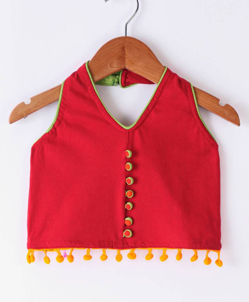Twisha Girls Solid Knit Top Embellished With Pompom & Potali Buttons With Motif Foil Printed Dhoti-Red & Orange