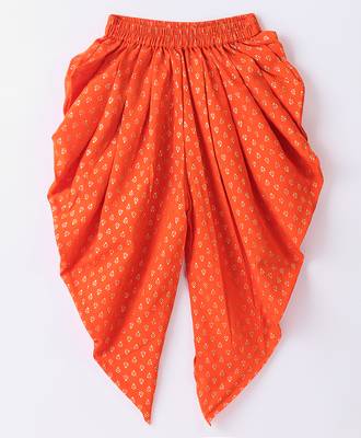 Twisha Girls Solid Knit Top Embellished With Pompom & Potali Buttons With Motif Foil Printed Dhoti-Red & Orange 4
