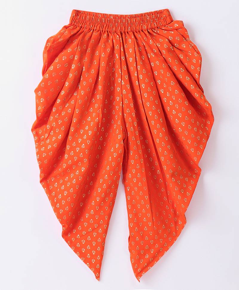 Twisha Girls Solid Knit Top Embellished With Pompom & Potali Buttons With Motif Foil Printed Dhoti-Red & Orange