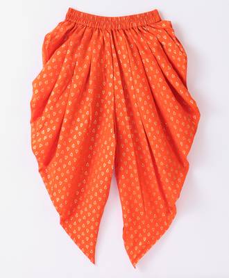 Twisha Girls Solid Knit Top Embellished With Pompom & Potali Buttons With Motif Foil Printed Dhoti-Red & Orange 5