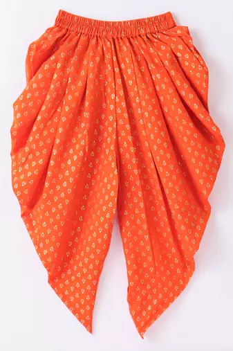 Twisha Girls Solid Knit Top Embellished With Pompom & Potali Buttons With Motif Foil Printed Dhoti-Red & Orange
