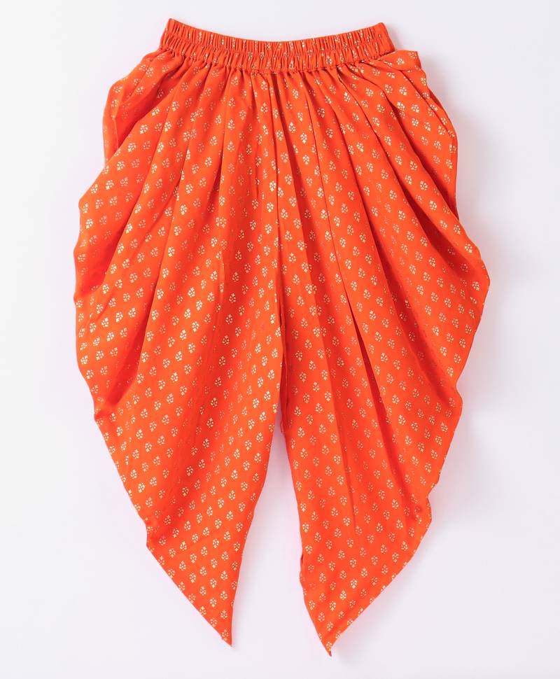 Twisha Girls Solid Knit Top Embellished With Pompom & Potali Buttons With Motif Foil Printed Dhoti-Red & Orange