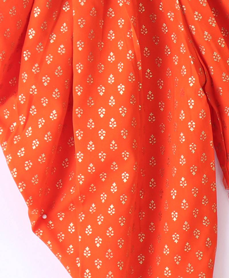 Twisha Girls Solid Knit Top Embellished With Pompom & Potali Buttons With Motif Foil Printed Dhoti-Red & Orange