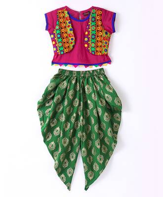 Twisha Girls Short Sleeves Top With Embroidered Mock Jacket With Ethnic Motif Foil Printed Dhoti - Pink & Green 1