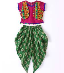 Twisha Girls Short Sleeves Top With Embroidered Mock Jacket With Ethnic Motif Foil Printed Dhoti - Pink & Green
