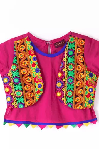 Twisha Girls Short Sleeves Top With Embroidered Mock Jacket With Ethnic Motif Foil Printed Dhoti - Pink & Green