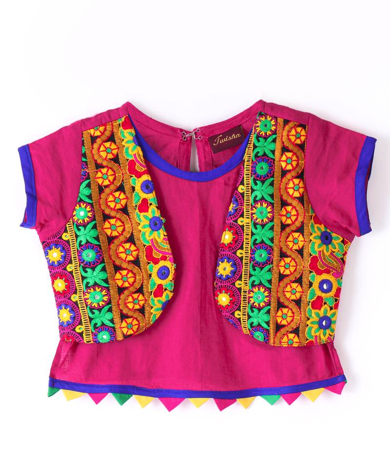 Twisha Girls Short Sleeves Top With Embroidered Mock Jacket With Ethnic Motif Foil Printed Dhoti - Pink & Green