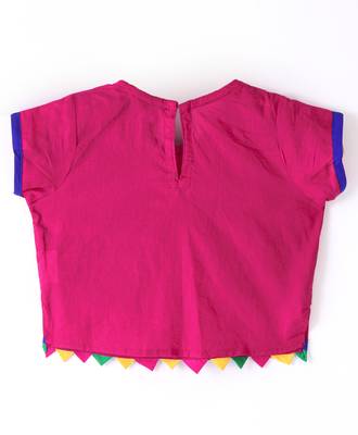 Twisha Girls Short Sleeves Top With Embroidered Mock Jacket With Ethnic Motif Foil Printed Dhoti - Pink & Green 3