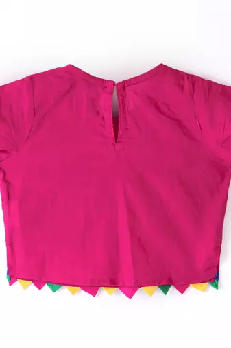 Twisha Girls Short Sleeves Top With Embroidered Mock Jacket With Ethnic Motif Foil Printed Dhoti - Pink & Green