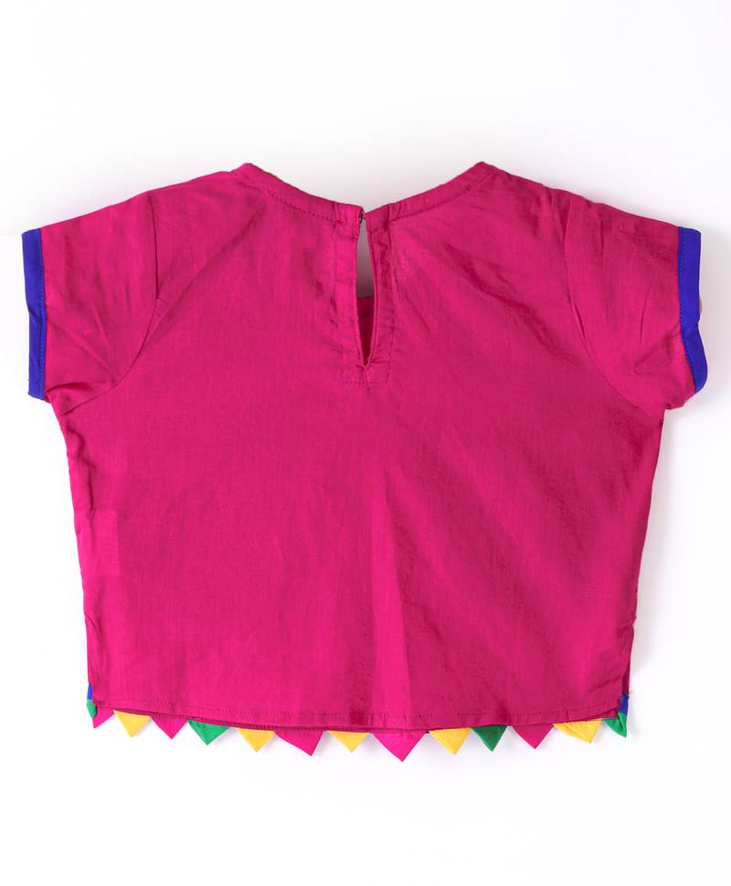 Twisha Girls Short Sleeves Top With Embroidered Mock Jacket With Ethnic Motif Foil Printed Dhoti - Pink & Green