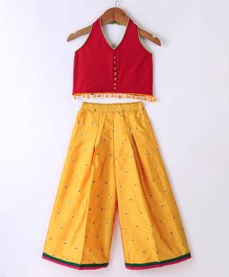 Twisha Girls Solid Knit Top Embellished With Pompom & Potali Buttons & Palazzo-Red & Yellow 1