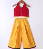 Twisha Girls Solid Knit Top Embellished With Pompom & Potali Buttons & Palazzo-Red & Yellow