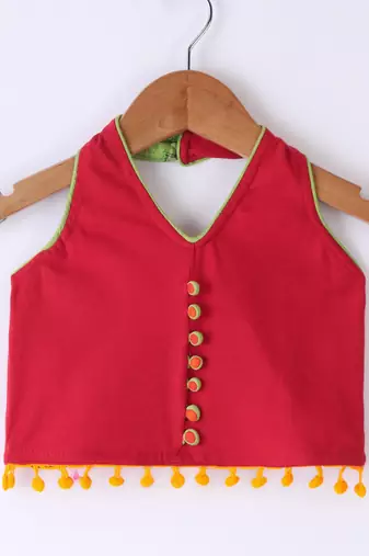 Twisha Girls Solid Knit Top Embellished With Pompom & Potali Buttons & Palazzo-Red & Yellow