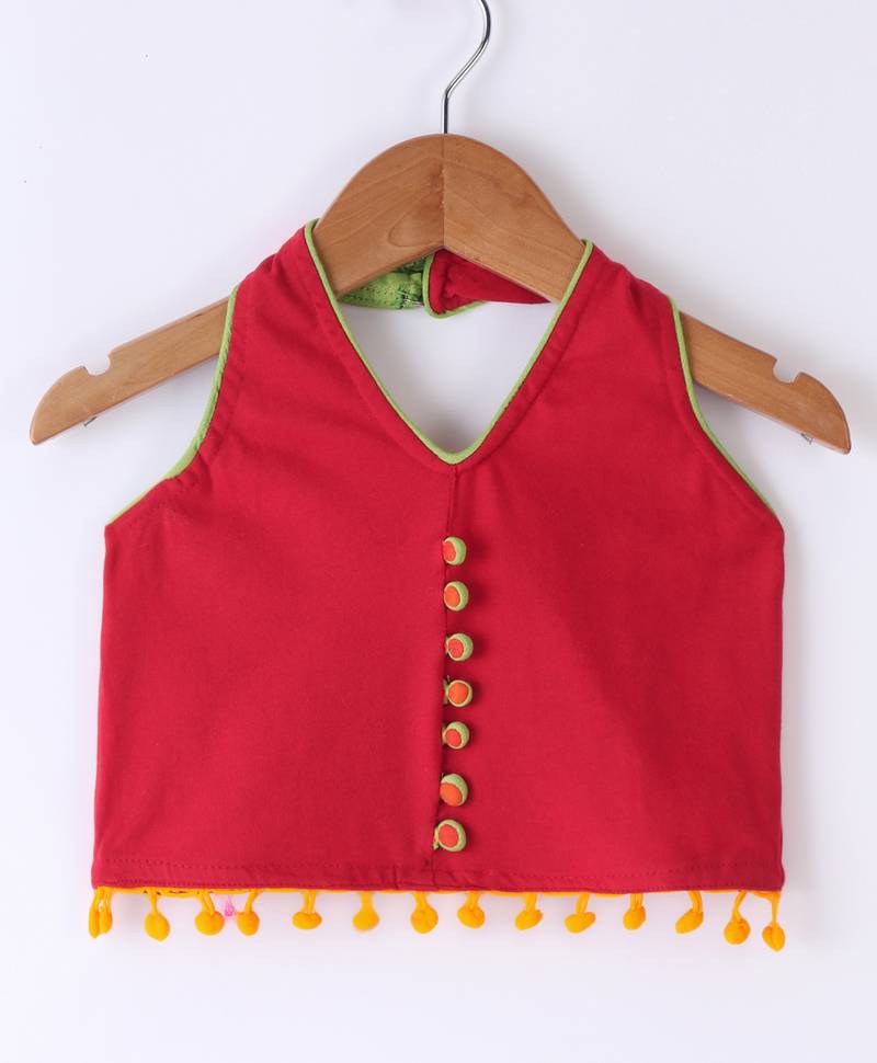 Twisha Girls Solid Knit Top Embellished With Pompom & Potali Buttons & Palazzo-Red & Yellow