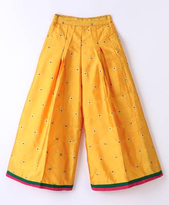 Twisha Girls Solid Knit Top Embellished With Pompom & Potali Buttons & Palazzo-Red & Yellow 4