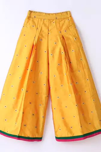 Twisha Girls Solid Knit Top Embellished With Pompom & Potali Buttons & Palazzo-Red & Yellow