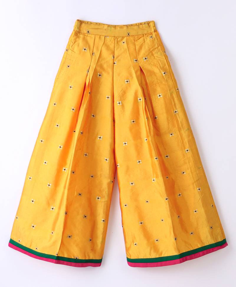 Twisha Girls Solid Knit Top Embellished With Pompom & Potali Buttons & Palazzo-Red & Yellow