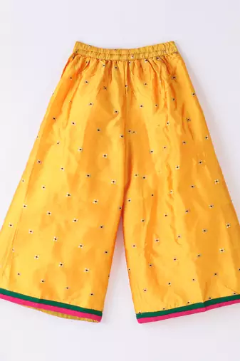 Twisha Girls Solid Knit Top Embellished With Pompom & Potali Buttons & Palazzo-Red & Yellow