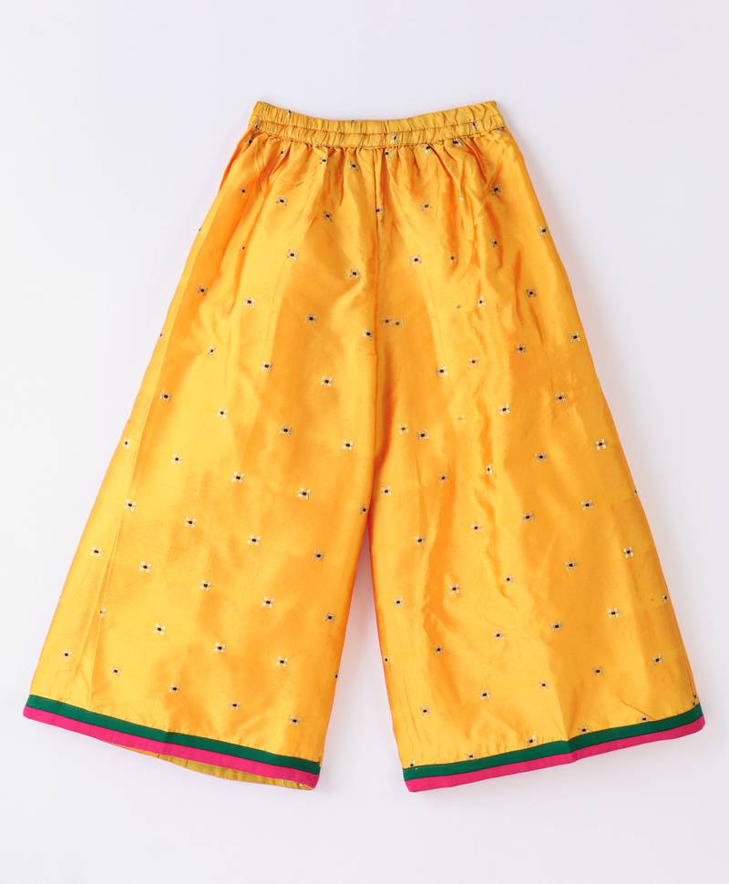 Twisha Girls Solid Knit Top Embellished With Pompom & Potali Buttons & Palazzo-Red & Yellow