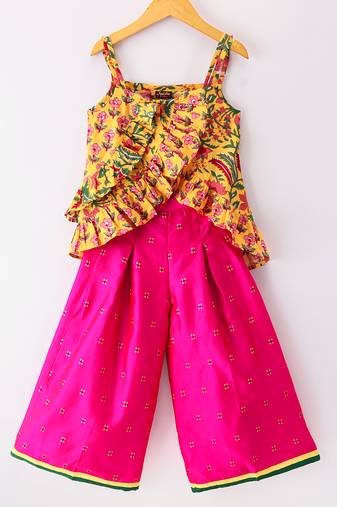 Twisha Girls Floral Printed Ruffle Detail Pure Cotton Top With Palazzo-Yellow & Pink