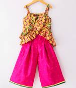 Twisha Girls Floral Printed Ruffle Detail Pure Cotton Top With Palazzo-Yellow & Pink