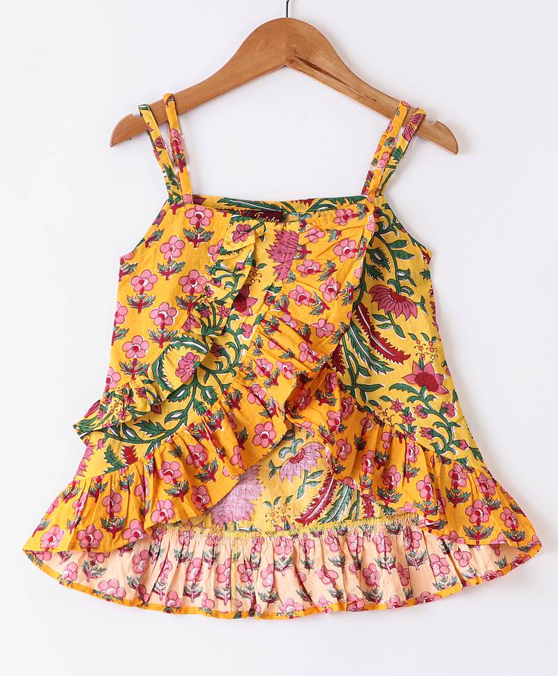 Twisha Girls Floral Printed Ruffle Detail Pure Cotton Top With Palazzo-Yellow & Pink