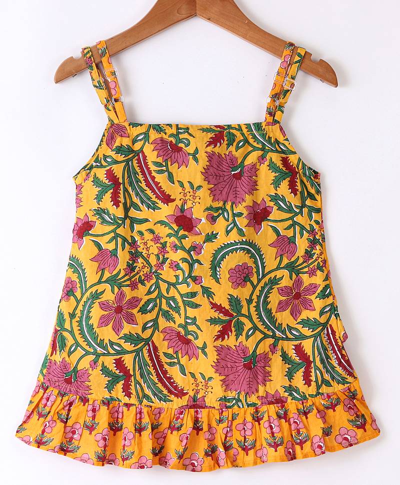 Twisha Girls Floral Printed Ruffle Detail Pure Cotton Top With Palazzo-Yellow & Pink